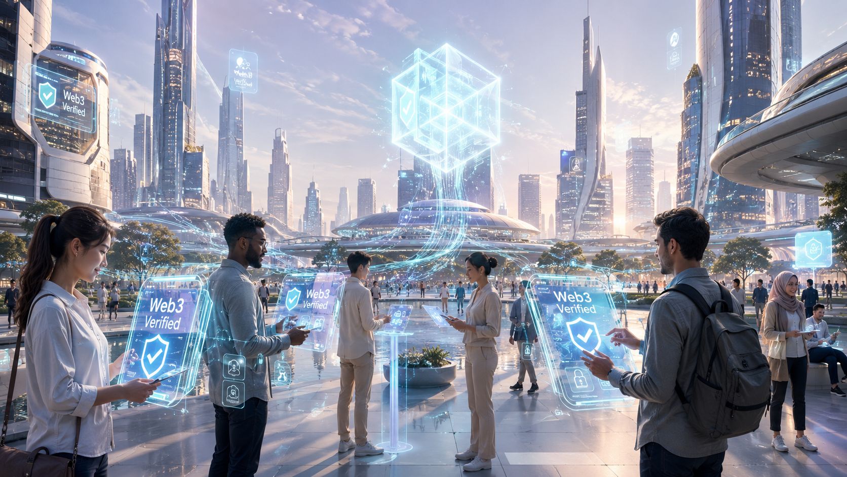 Diverse professionals interacting with glowing digital identity verification interfaces in a futuristic smart city.