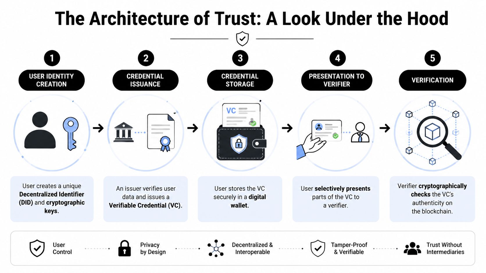 A five-step flowchart illustrating the process of decentralized identity verification and digital credential management architecture.