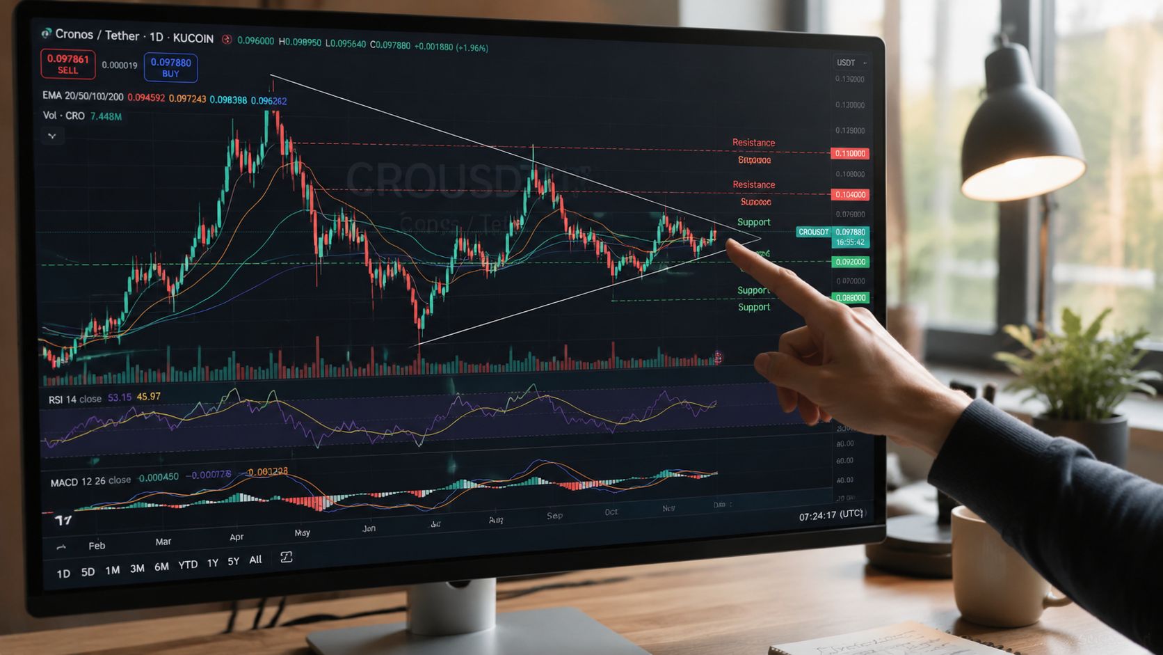 A person points at a digital financial chart showing Cronos crypto price trends on a computer monitor.