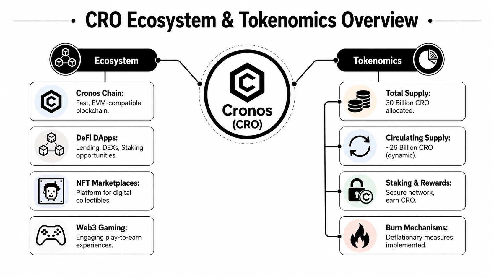 An infographic showing the Cronos ecosystem components and CRO tokenomics details including supply and burn mechanisms.