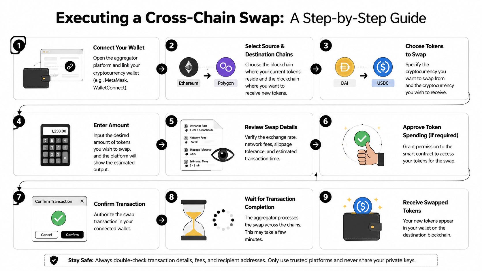 A nine-step infographic guide illustrating the process of executing a cross-chain cryptocurrency swap on an aggregator platform.