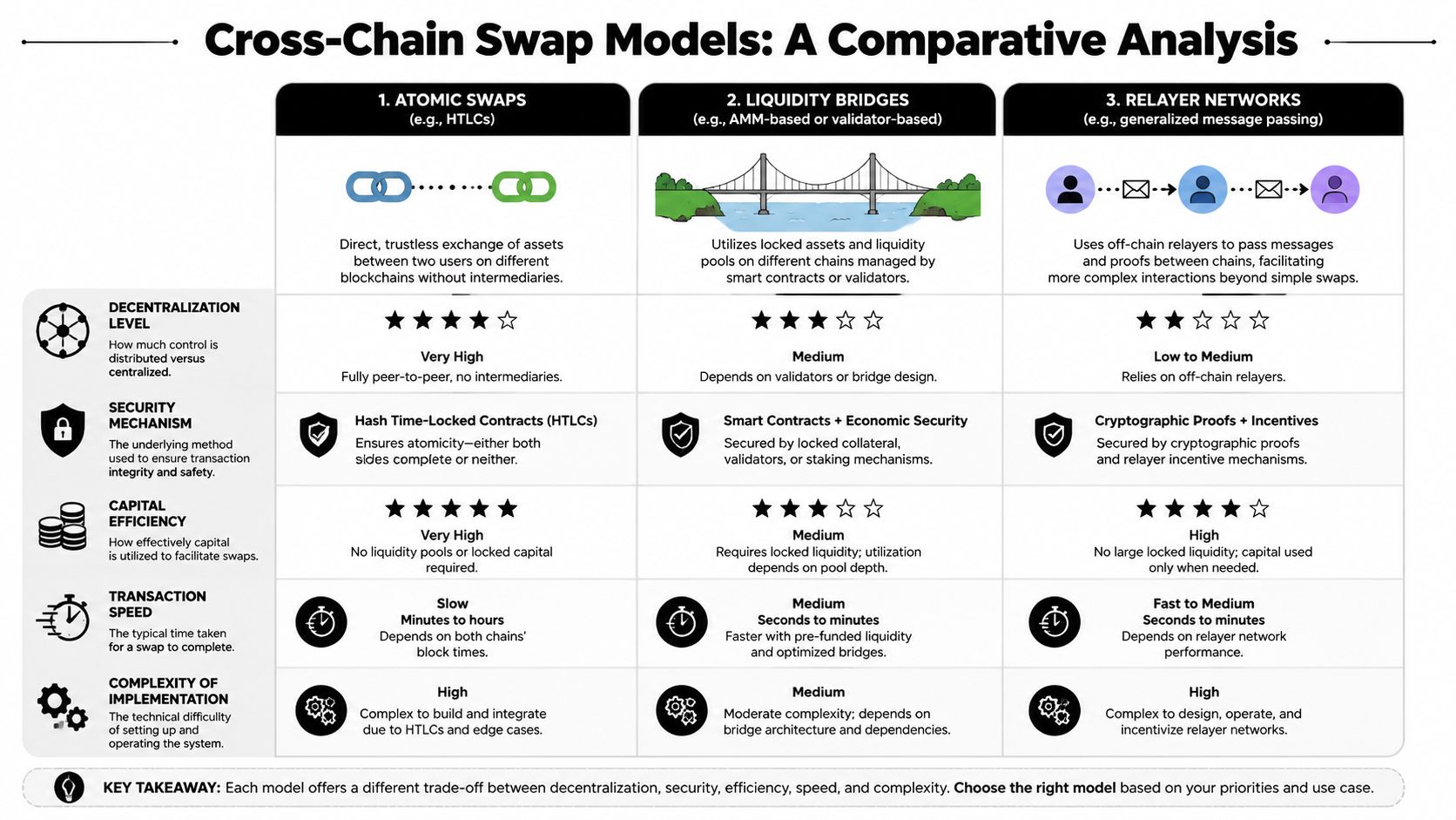 A comparative analysis chart illustrating the differences between atomic swaps, liquidity bridges, and relayer networks for blockchain transactions.
