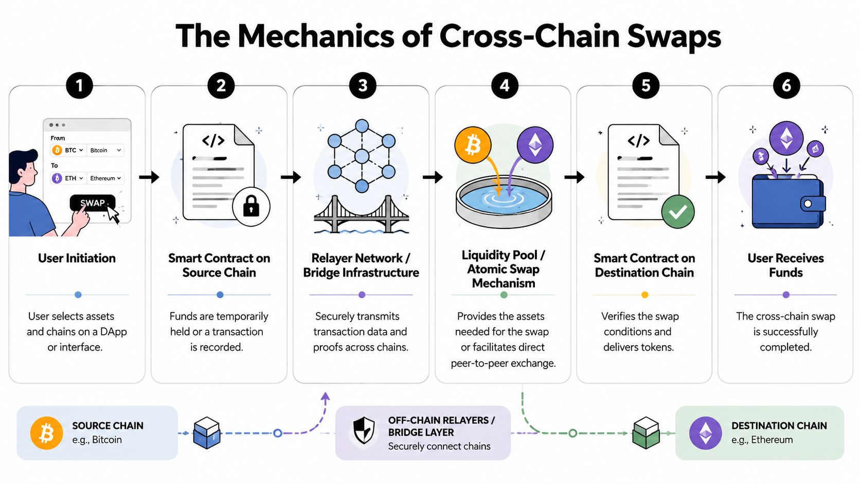 A six-step infographic explaining the mechanics and technical process of executing a cross-chain cryptocurrency swap.