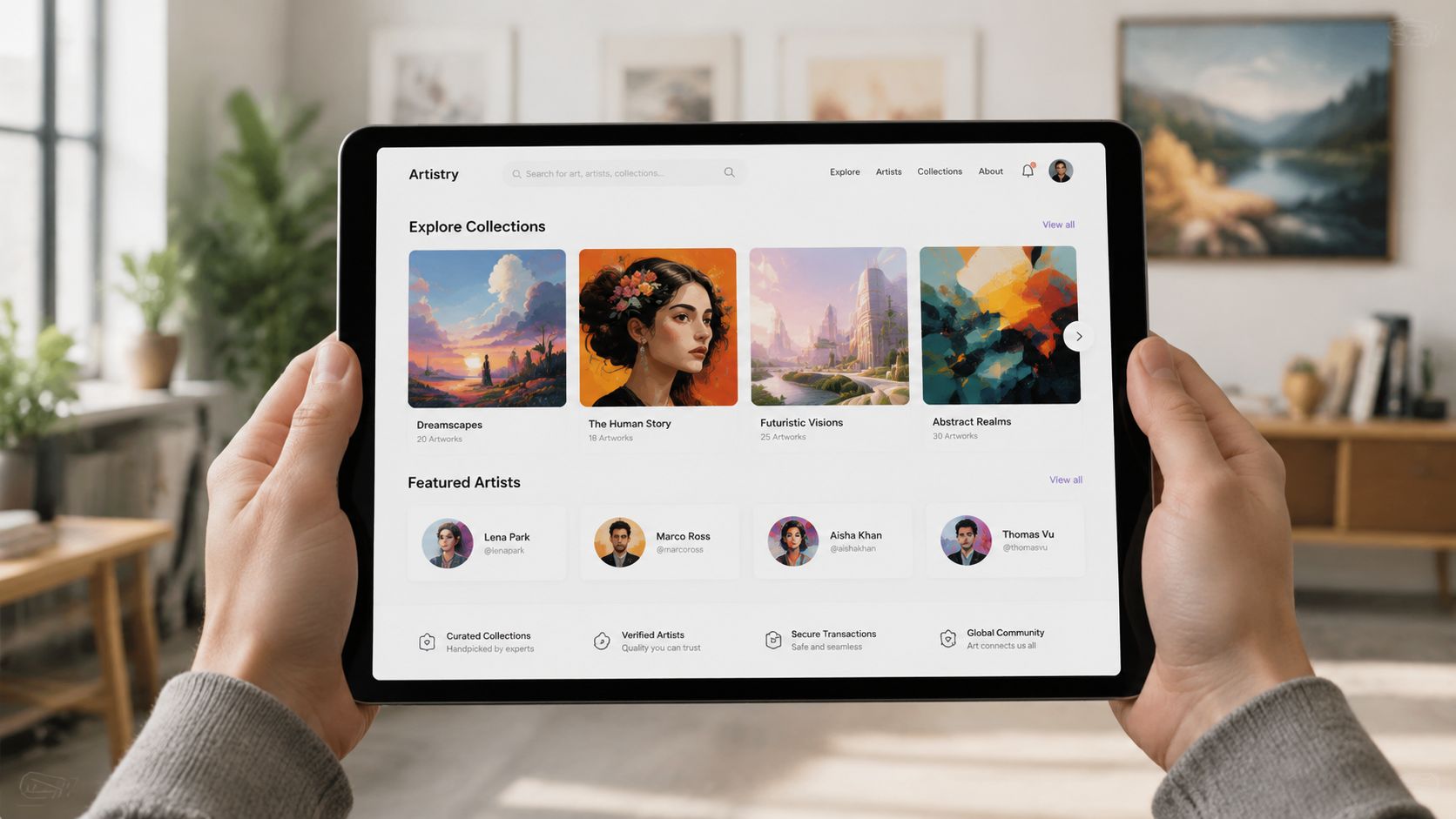 A person holding a tablet displaying an online digital art marketplace called Artistry with collections and artists.