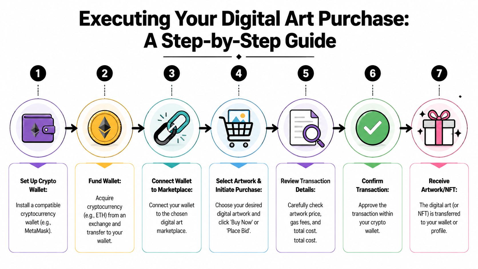 A seven-step guide illustration explaining how to purchase digital art and NFTs using a crypto wallet.