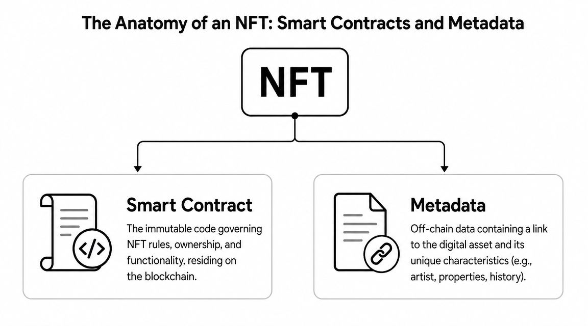 A diagram explaining that an NFT consists of a smart contract on-chain and metadata off-chain.