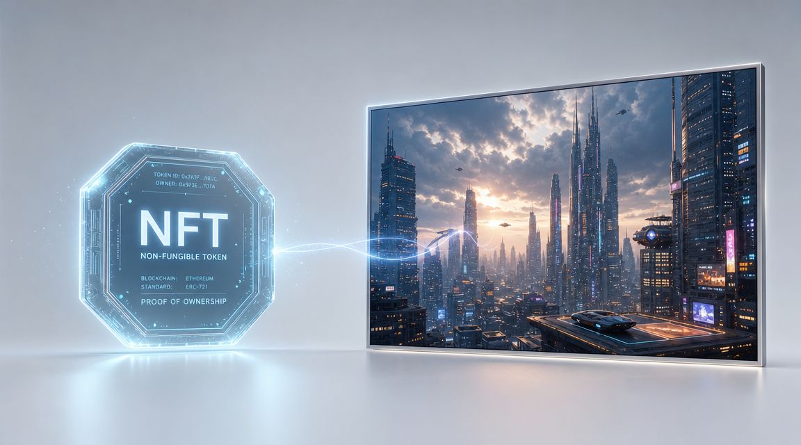 A digital graphic showing a glowing NFT token connecting to a futuristic city skyline displayed on a screen.