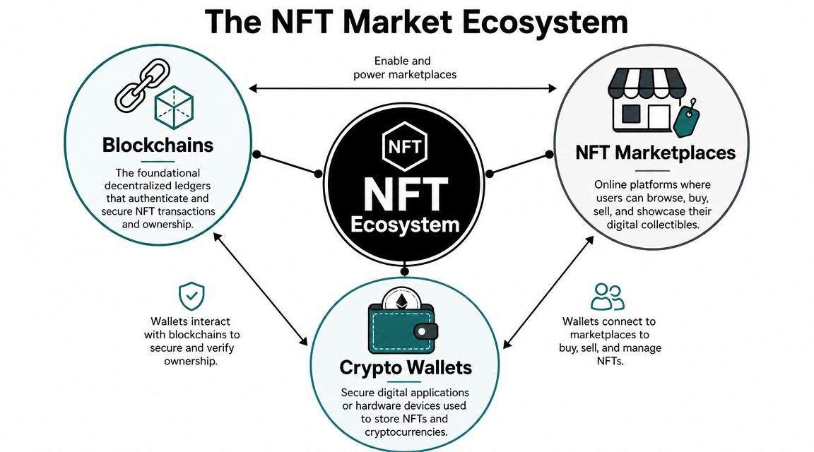 A diagram illustrating the NFT market ecosystem, highlighting blockchains, NFT marketplaces, and crypto wallets.