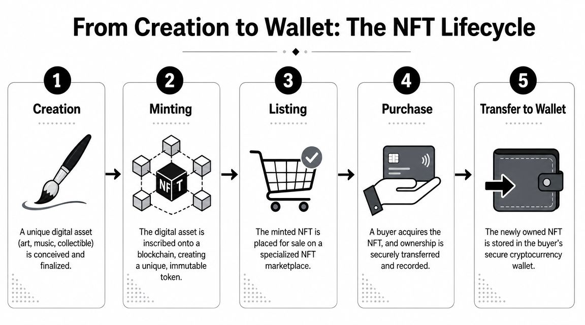 A five-step infographic showing the NFT lifecycle process from digital asset creation to wallet storage.