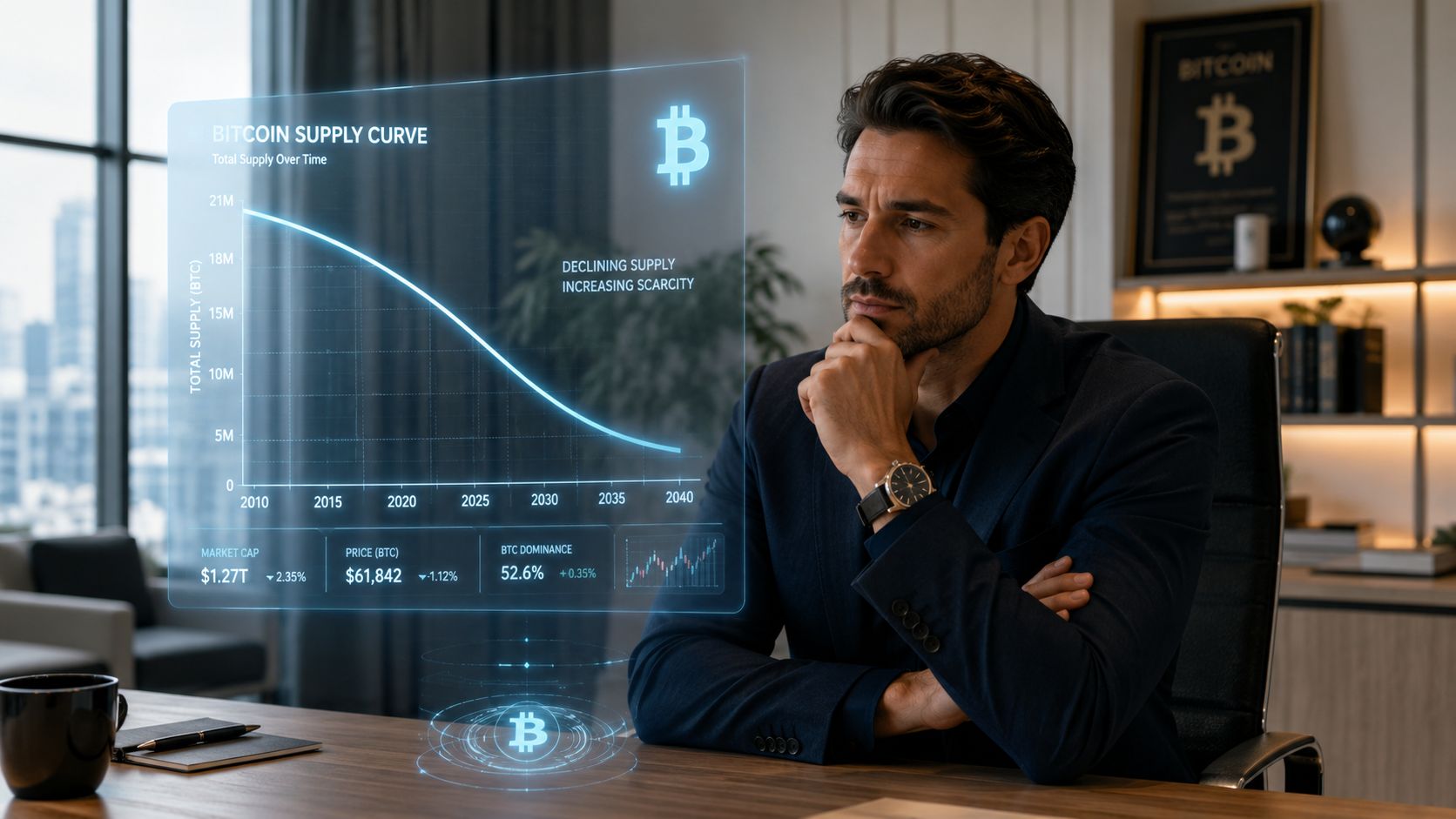A professional man looking thoughtfully at a holographic chart showing the Bitcoin total supply over time.