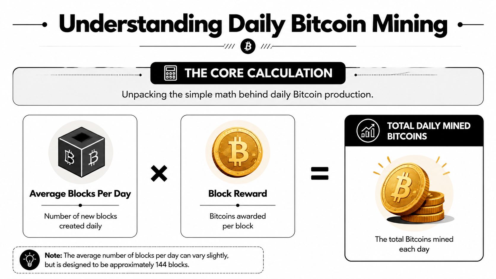 An infographic explaining the core calculation for determining the total number of bitcoins mined each day.