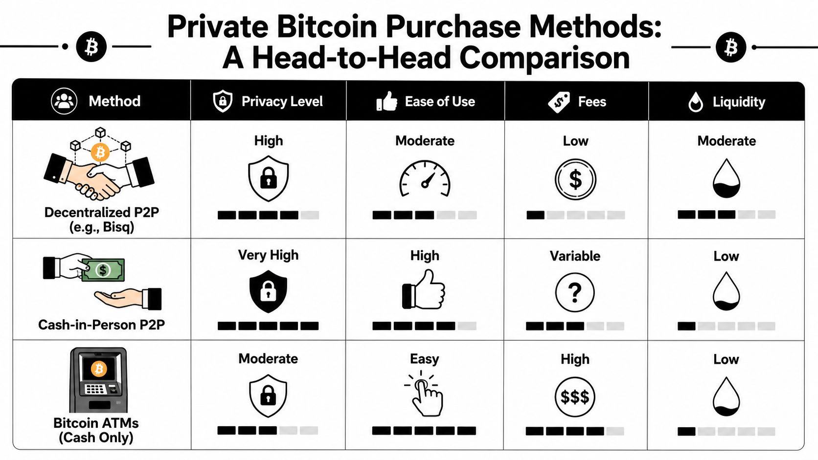 A comparison table outlining privacy level, ease of use, fees, and liquidity for three private bitcoin purchase methods.