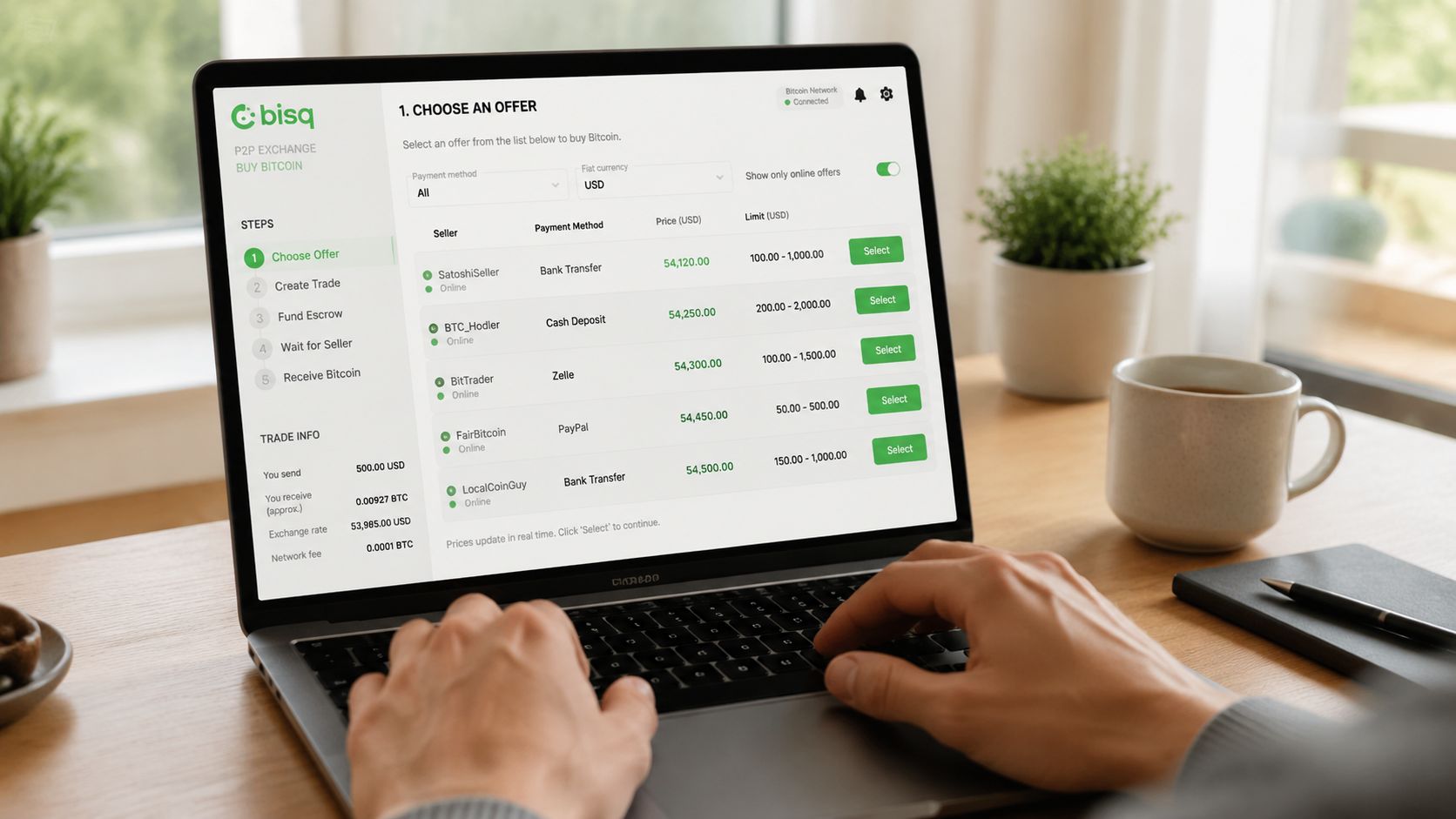 A person using a laptop to trade cryptocurrency on the Bisq decentralized exchange platform.