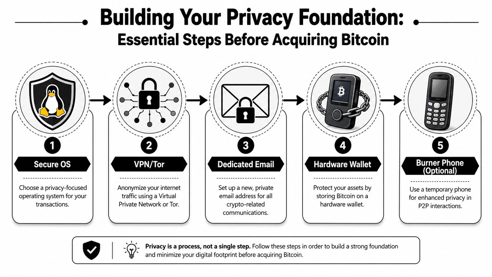A five-step infographic guide explaining essential privacy and security practices to follow before acquiring Bitcoin safely.