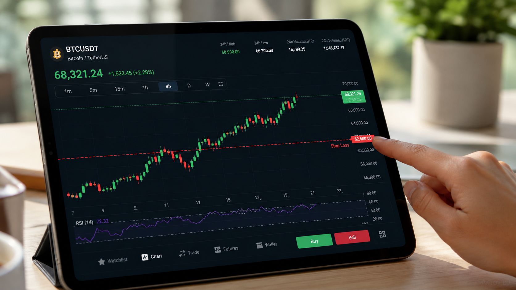 A person setting a stop loss order on a tablet screen showing a Bitcoin trading price chart.