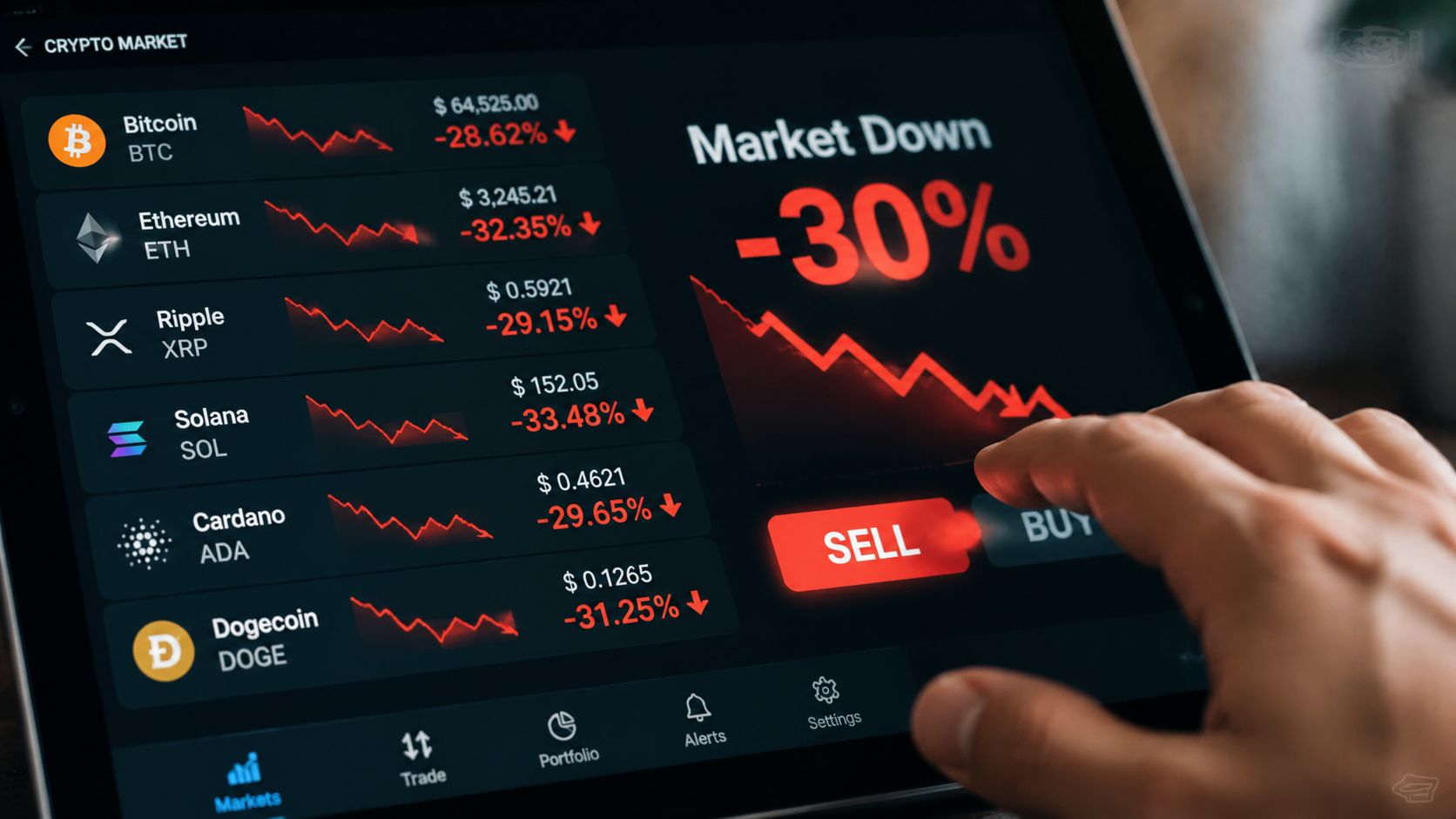 A tablet screen displaying a crypto market dashboard showing a 30% decline with a hand pressing the sell button.