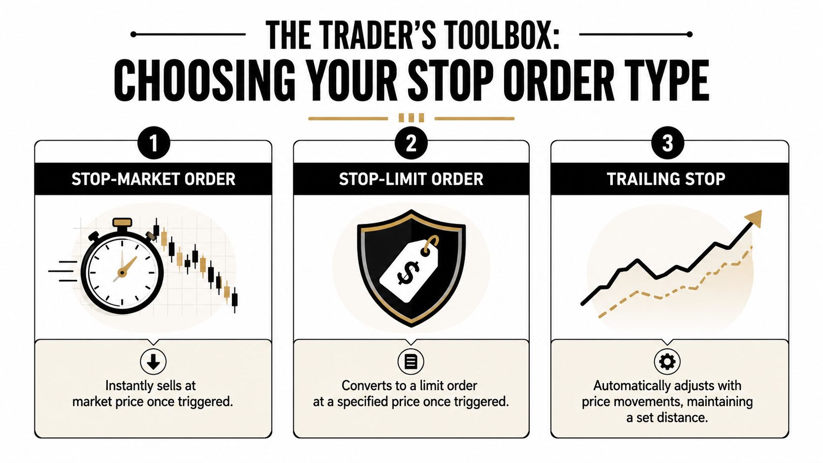 An infographic titled The Trader's Toolbox explaining three types of stop orders: stop-market, stop-limit, and trailing stop.