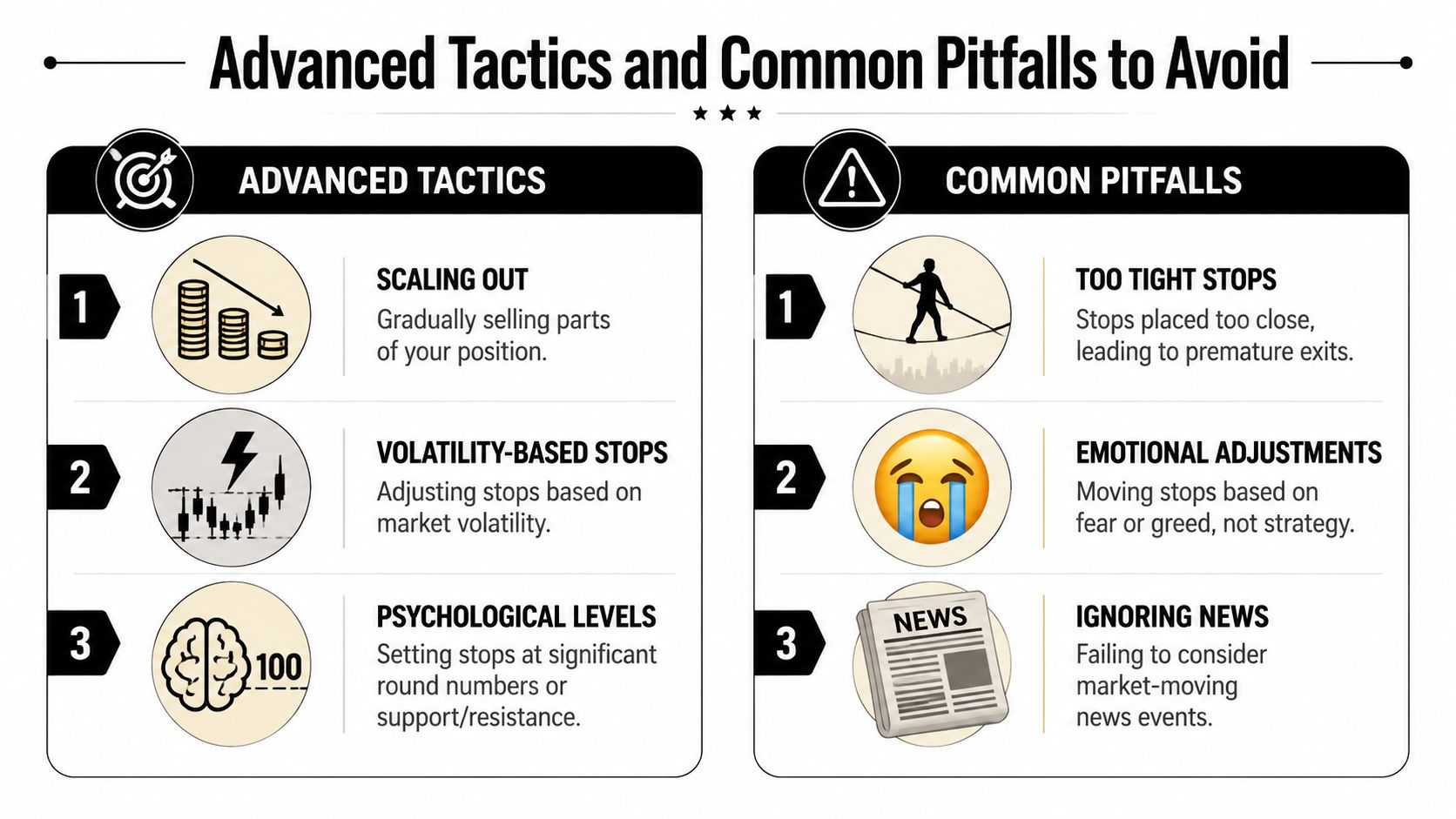 An infographic showing three advanced trading tactics alongside three common stop-loss pitfalls to avoid.