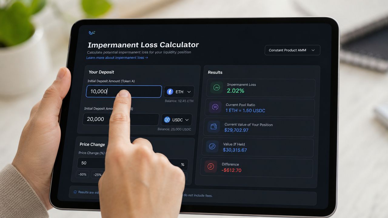 A digital tablet displaying an impermanent loss calculator interface for cryptocurrency liquidity pool investments held by hands.