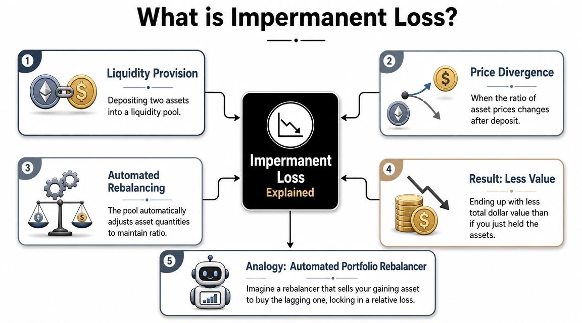 A five-step infographic explaining the concept of impermanent loss in cryptocurrency liquidity pools and asset rebalancing.