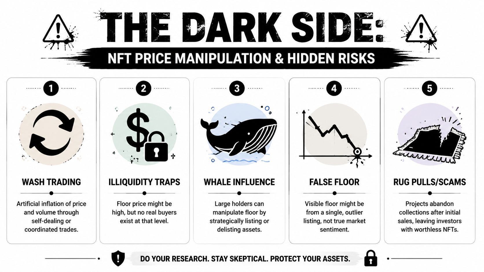 An infographic detailing five common risks in NFT markets including wash trading, illiquidity traps, and rug pulls.