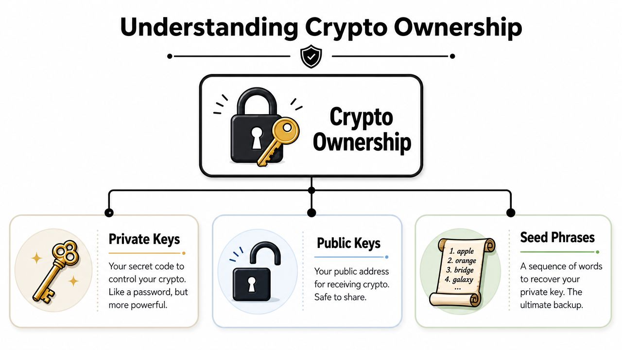 An infographic explaining crypto ownership through private keys, public keys, and recovery seed phrases.