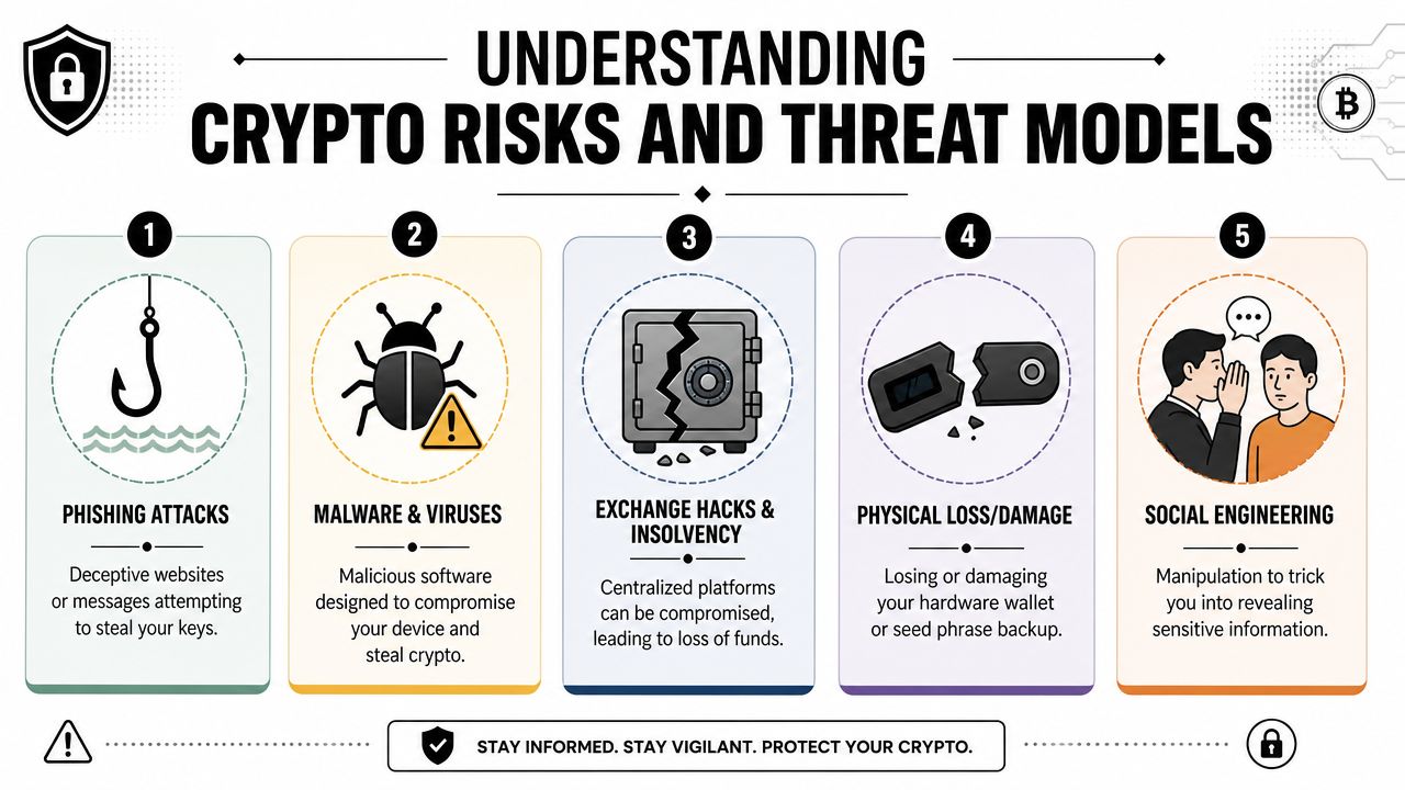 An infographic titled Understanding Crypto Risks and Threat Models showing five common security vulnerabilities for cryptocurrency owners.