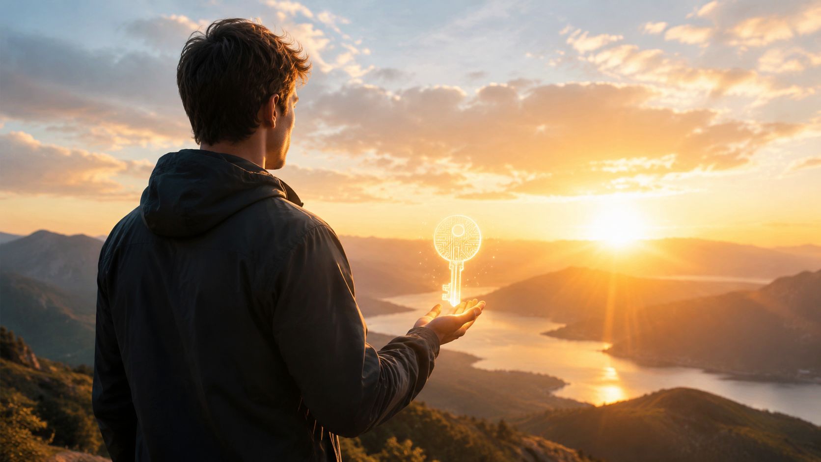 A person standing on a mountain looking at a glowing digital key floating above their hand.