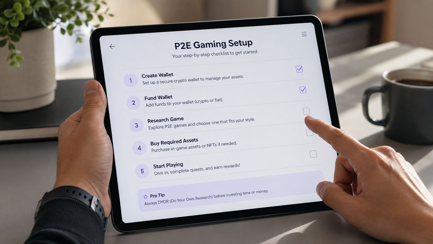 A person holding a tablet showing a checklist for setting up a P2E crypto gaming account.
