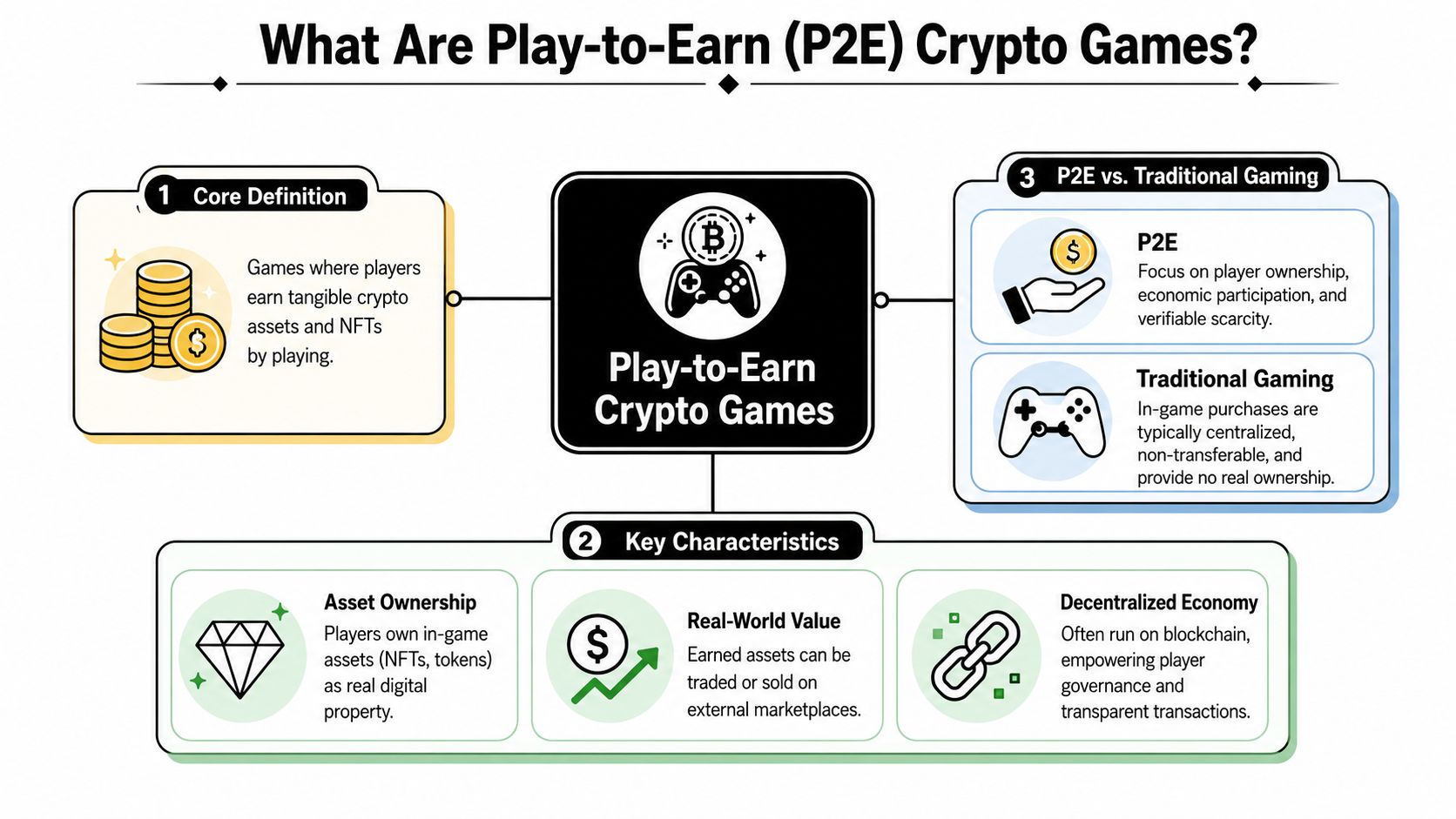 An infographic titled What Are Play to Earn Crypto Games showing definitions, characteristics, and comparisons with traditional gaming.