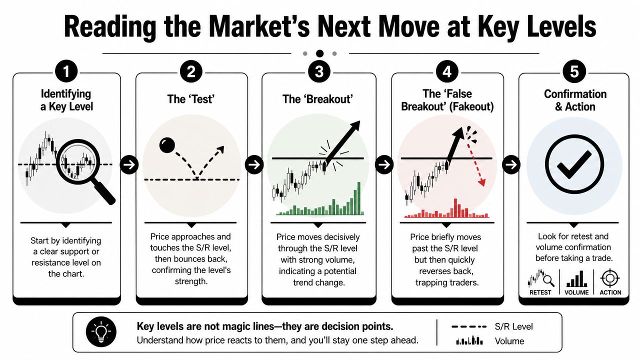 An infographic showing five stages of reading market price action at key support and resistance levels.