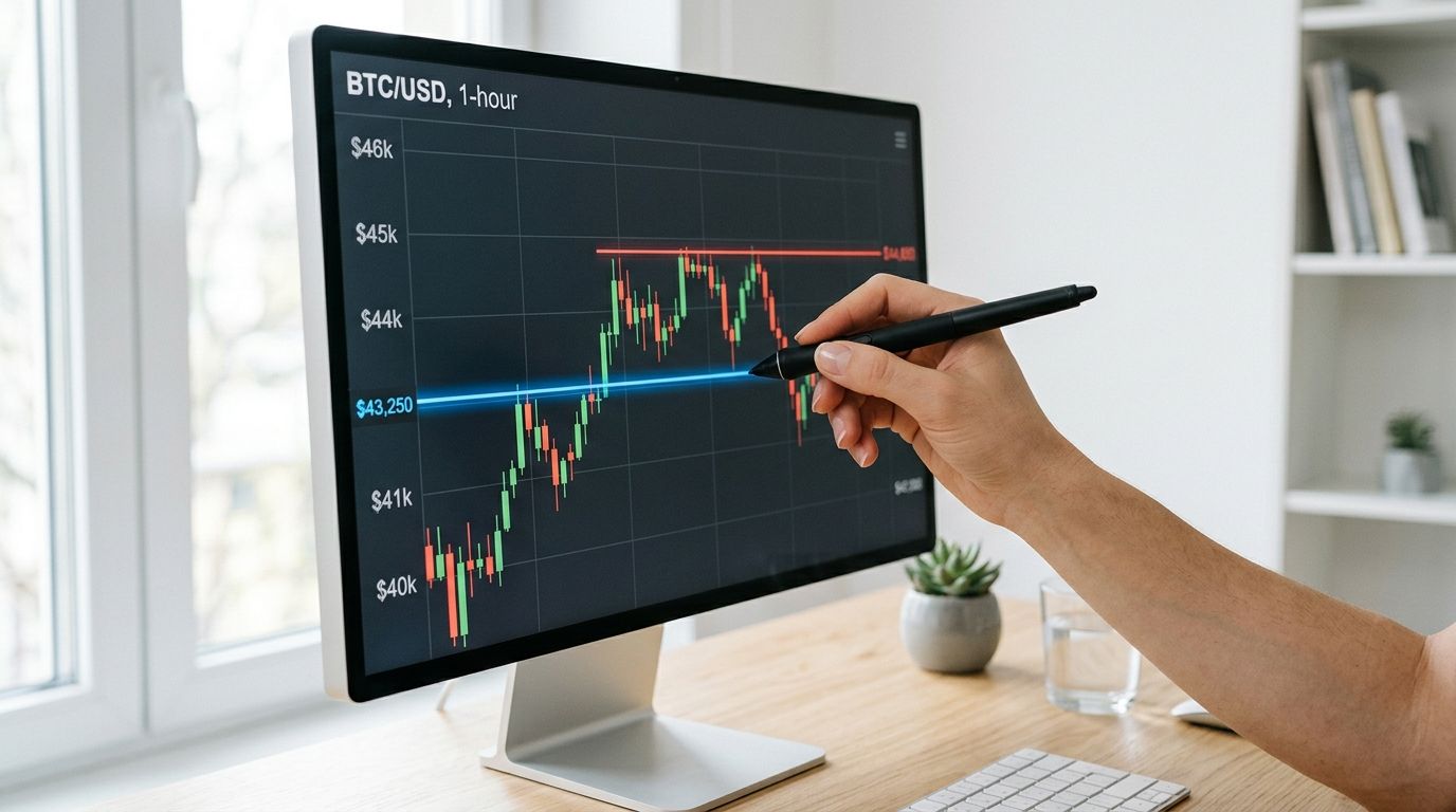 A trader using a digital pen to analyze Bitcoin price trends on a computer monitor screen.