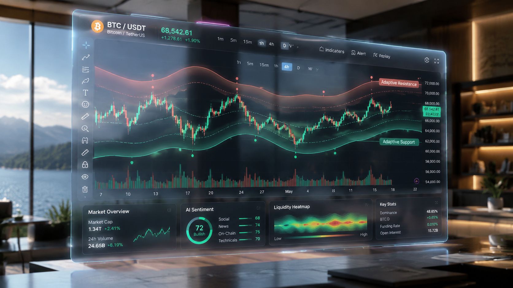 A futuristic holographic interface displaying Bitcoin price charts with support and resistance levels over a scenic background.