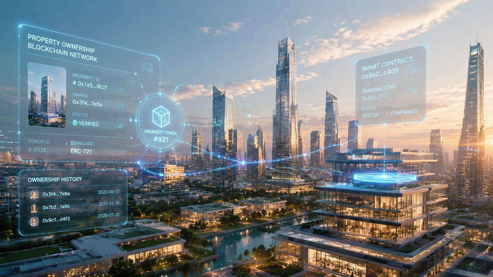 Futuristic city skyline with a holographic display showing digital property ownership records on a blockchain network.