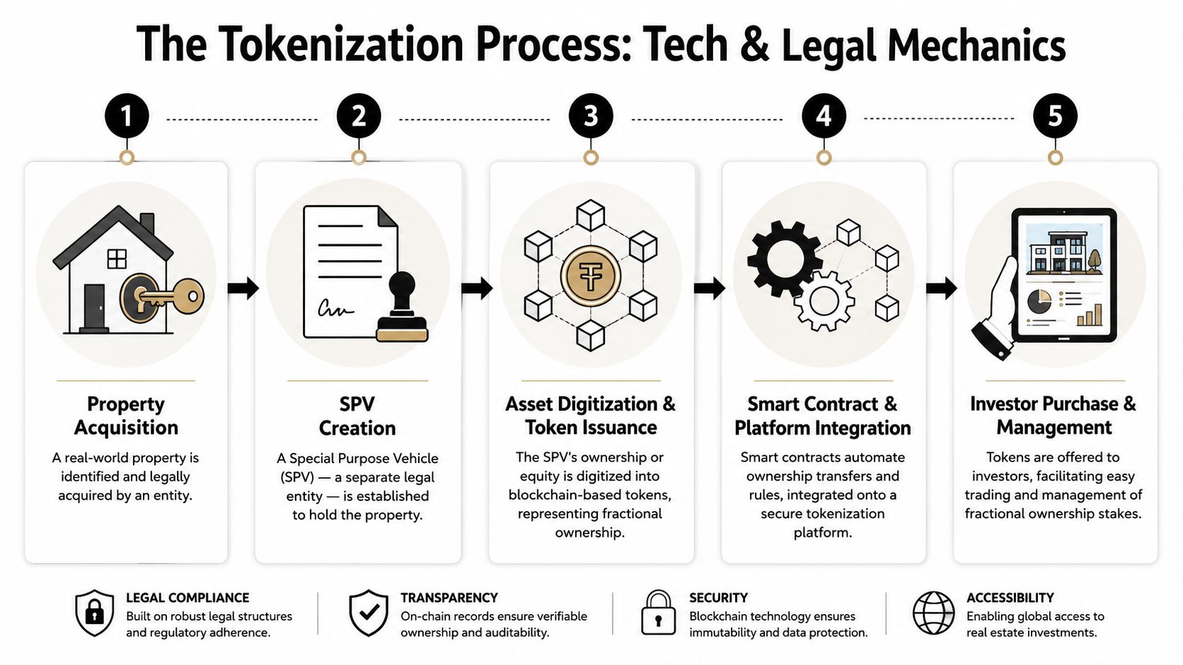 A diagram illustrating the five-step process of real estate tokenization, from property acquisition to investor management.