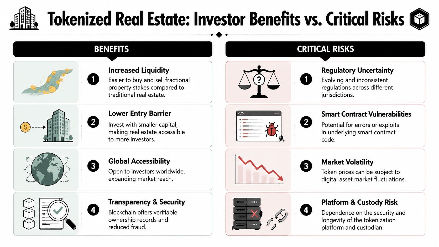An infographic comparing the investor benefits and critical risks associated with tokenized real estate assets.