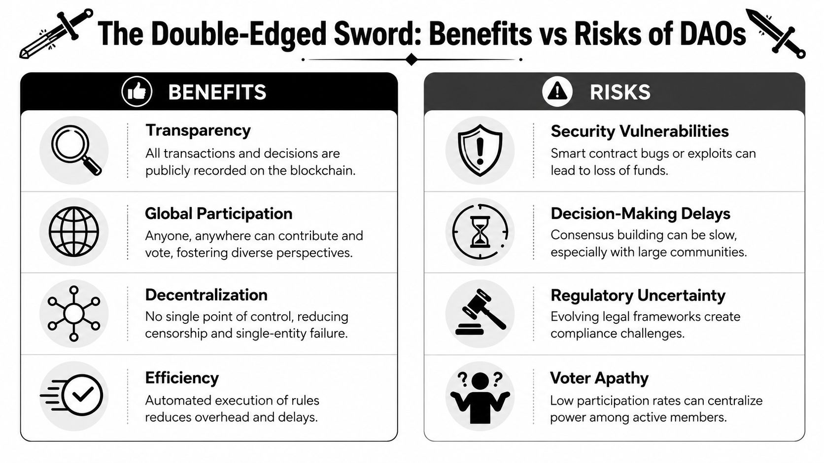 A comparison chart outlining the key benefits and potential risks of Decentralized Autonomous Organizations (DAOs).