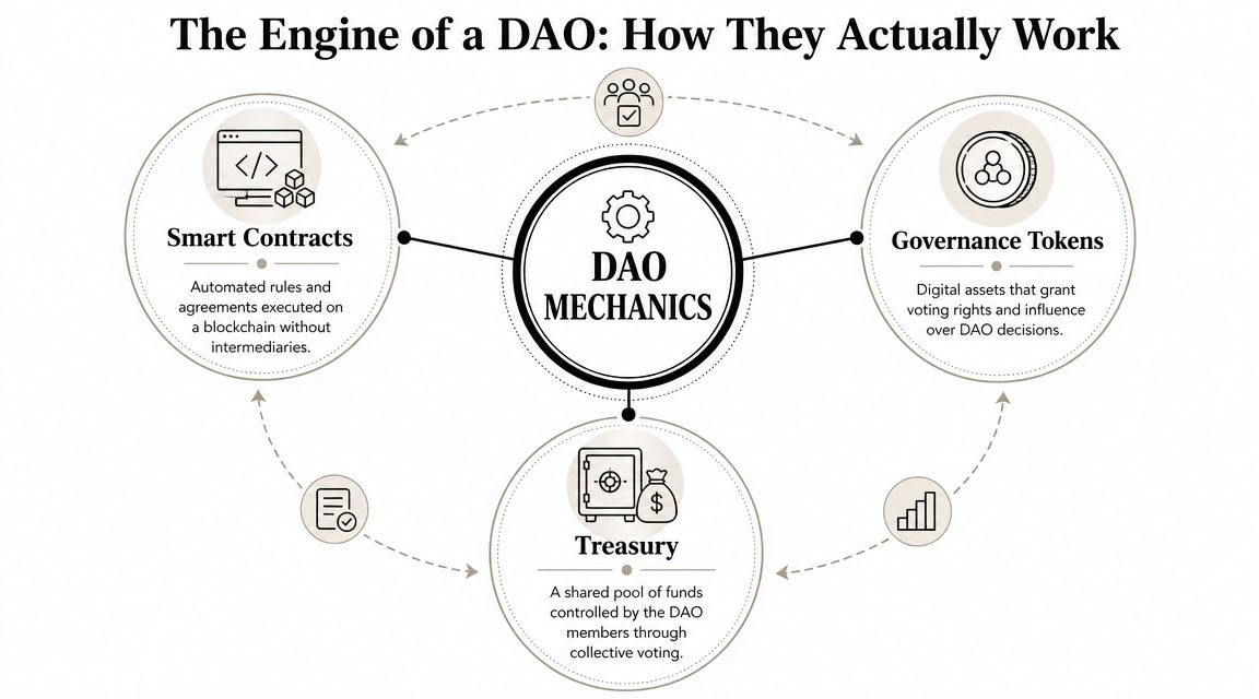 A diagram illustrating the core mechanics of a DAO, including smart contracts, governance tokens, and treasury.