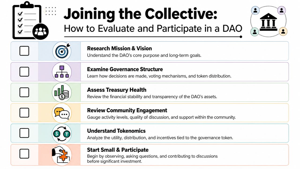 A checklist infographic titled Joining the Collective showing six steps for evaluating and participating in a DAO.