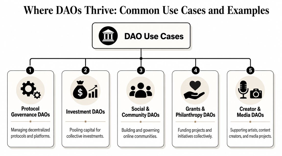 A diagram illustrating five common DAO use cases, including governance, investment, community, philanthropy, and media projects.
