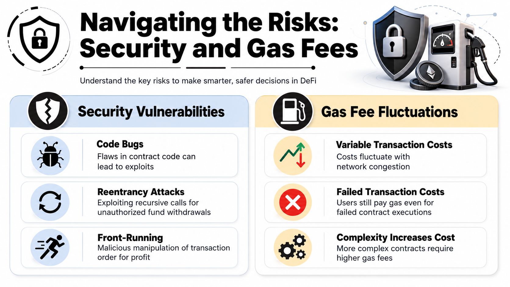 An infographic titled Navigating the Risks: Security and Gas Fees illustrating DeFi security vulnerabilities and transaction costs.