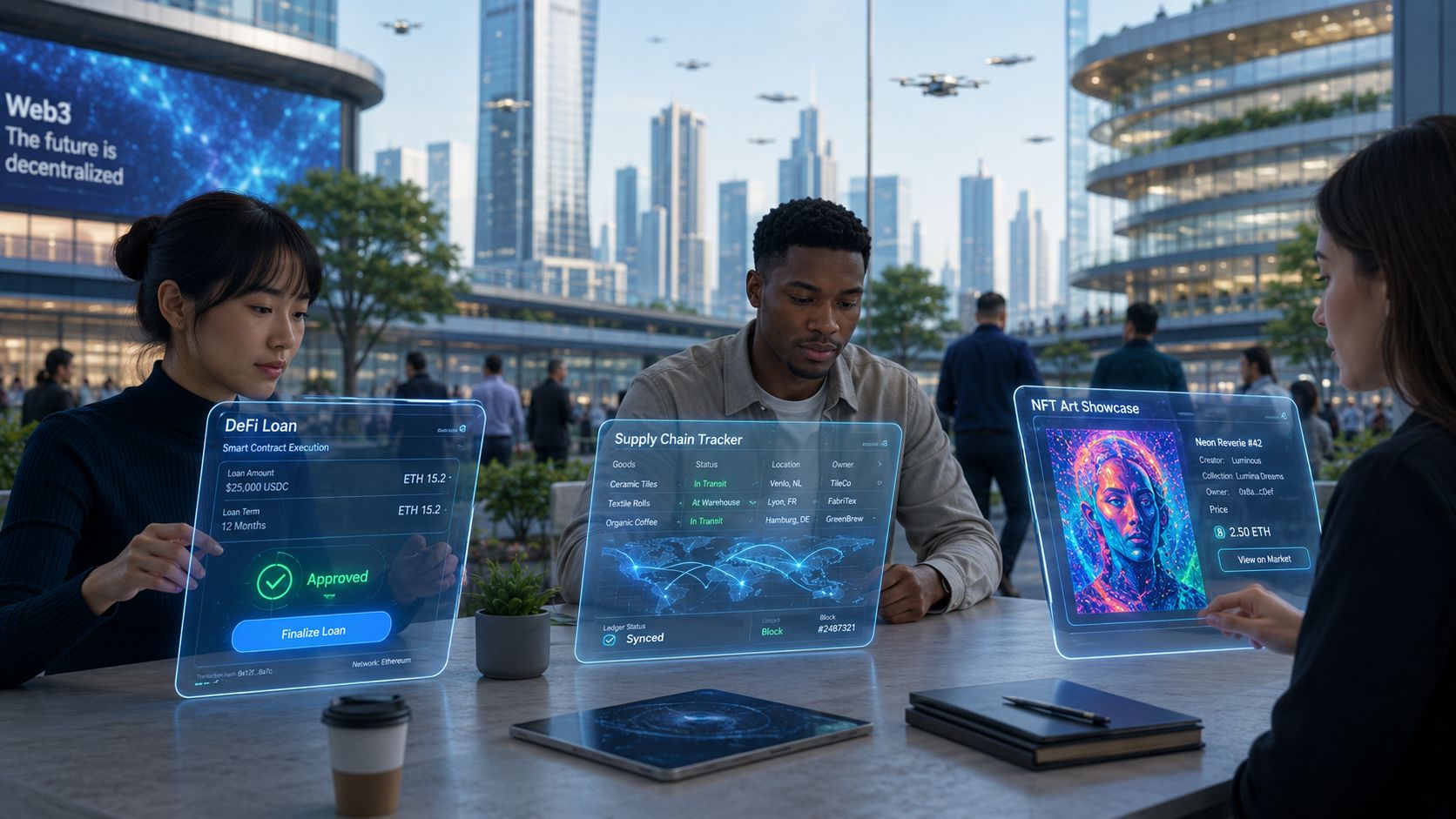 Three professionals collaborating around a futuristic table using holographic interfaces for decentralized finance, logistics, and digital art.
