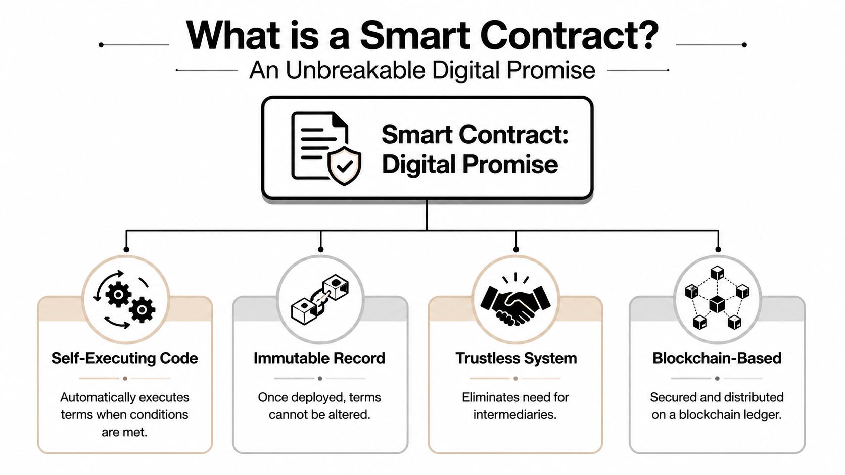 An infographic defining smart contracts as self-executing, immutable, trustless, and blockchain-based digital promises.