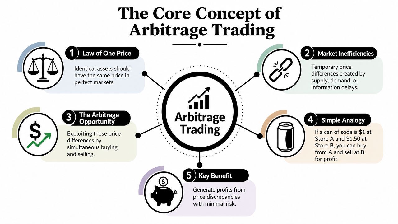 An infographic titled The Core Concept of Arbitrage Trading outlining its five key principles and examples.