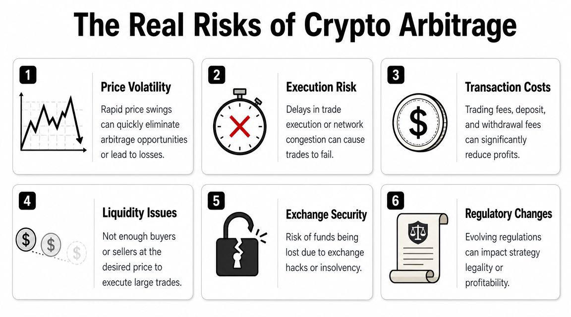An infographic detailing six main financial risks associated with crypto arbitrage trading, including volatility and security.