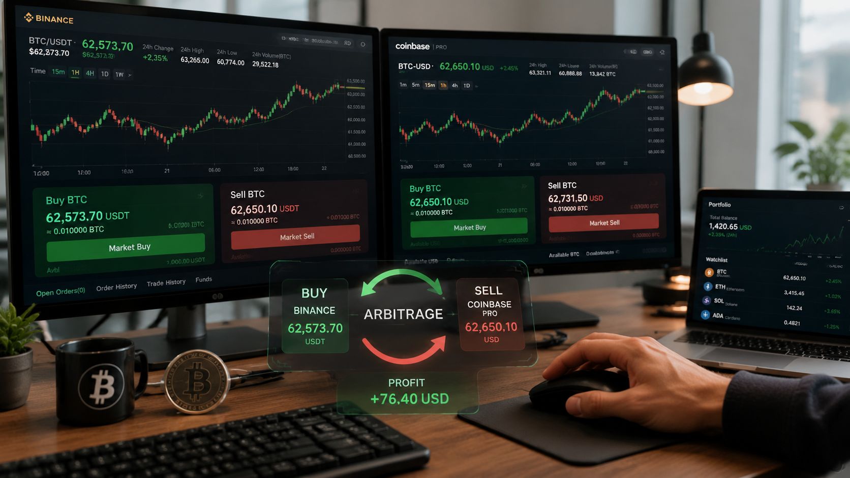 A trader monitors cryptocurrency prices on multiple screens to identify profitable arbitrage trading opportunities between exchanges.