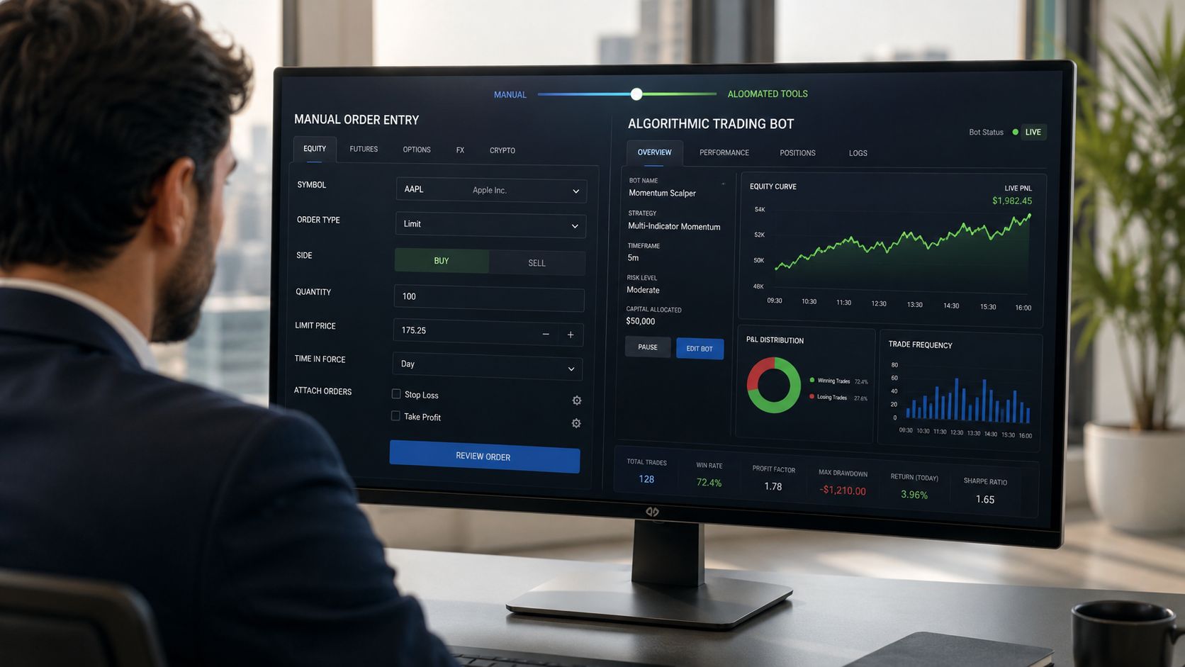 A professional trader reviewing stock market performance and algorithmic trading data on a modern computer monitor.