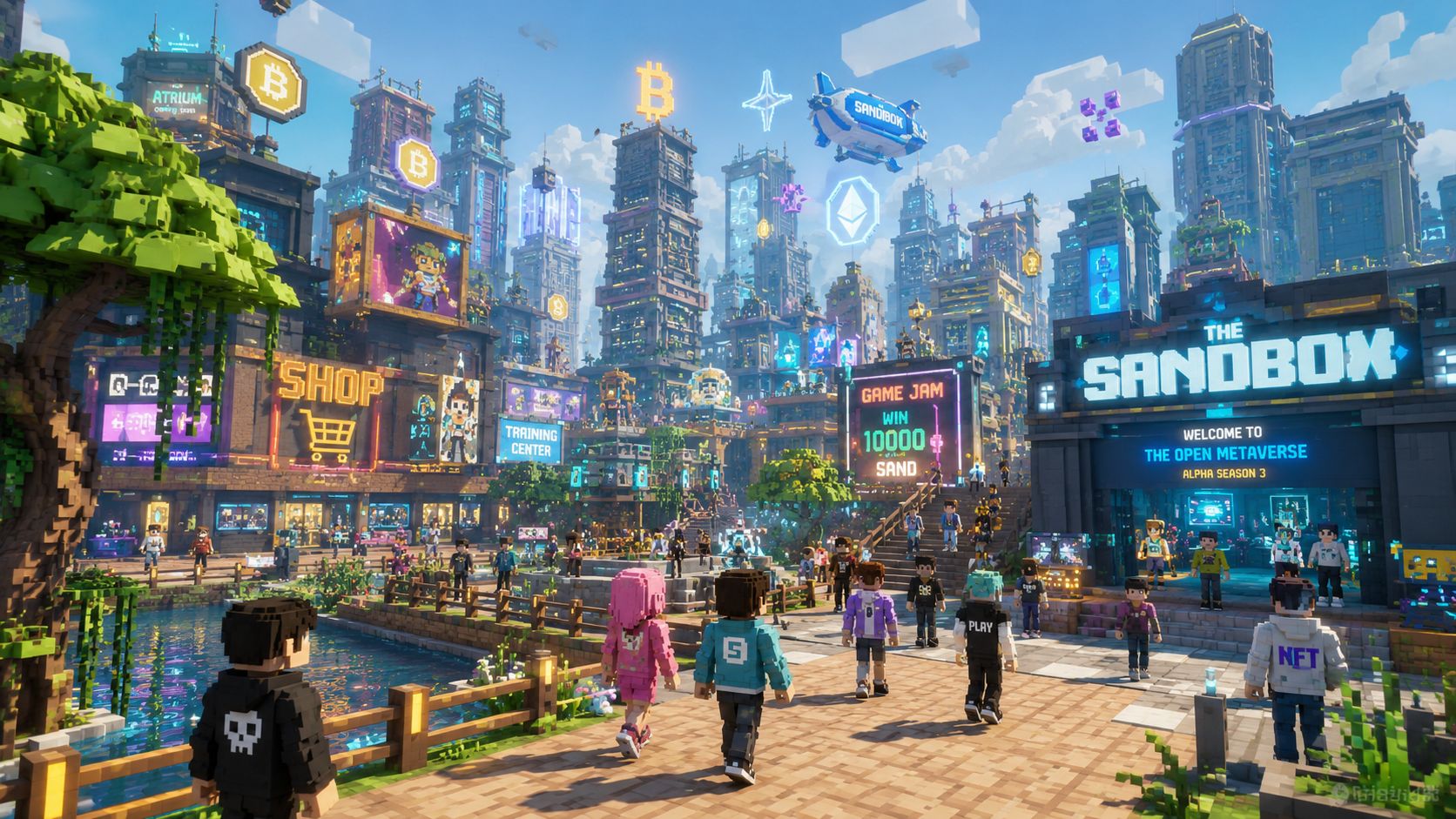 A vibrant voxel-style cityscape representing The Sandbox metaverse with digital avatars, crypto symbols, and virtual buildings.