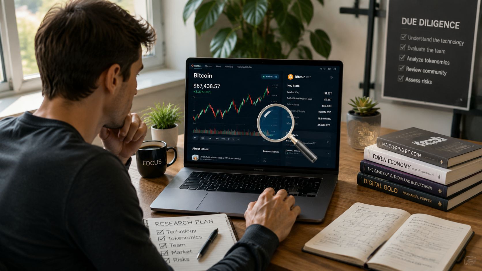 A man analyzing Bitcoin financial data and cryptocurrency market charts on his laptop in a modern home office.