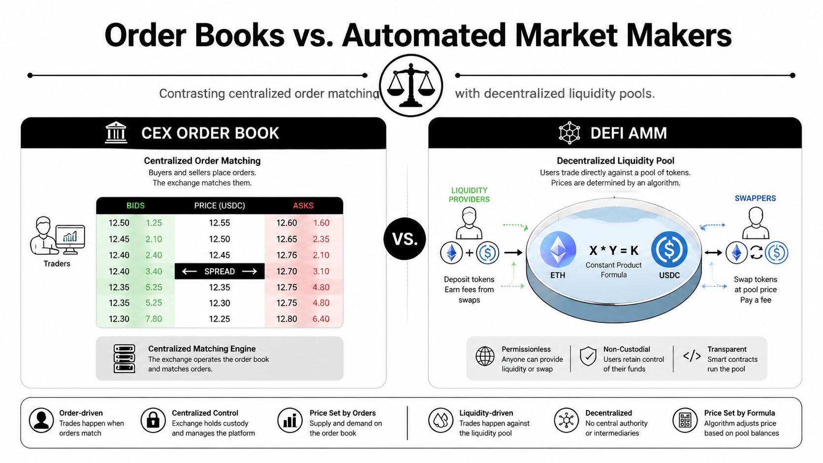 A comparison diagram illustrating the differences between centralized exchange order books and decentralized automated market makers.